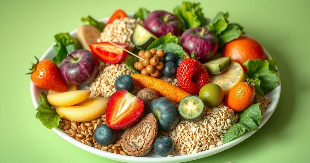 Piring berisi makanan sehat dari sumber nabati dan sayuran segar untuk diet berkelanjutan yang ramah lingkungan.