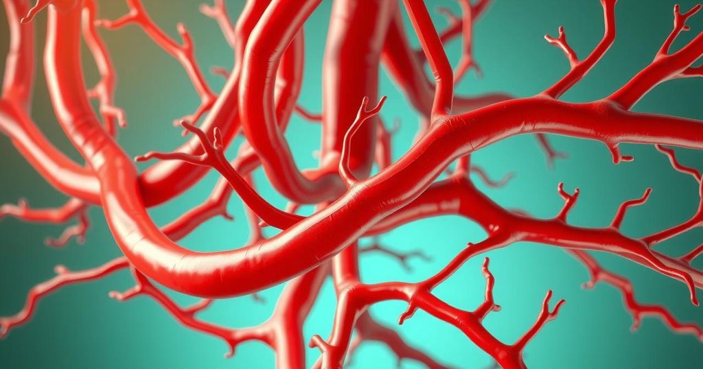 Visual representation of blood vessels and muscle tissue interconnected, showcasing nutrient flow and health.
