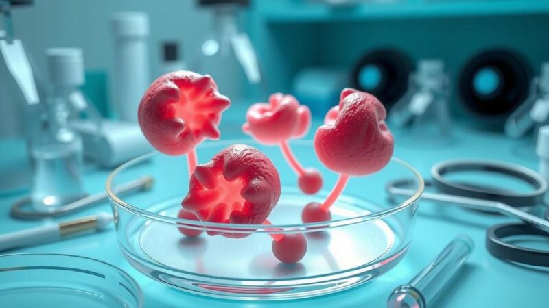Visualisasi organoid tumor payudara dengan representasi RNA dalam lingkungan laboratorium riset kanker.