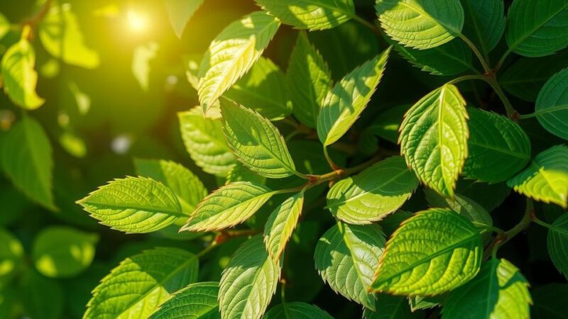 Sekelompok daun hijau segar dengan cahaya alami mengalirkan kesegaran dan harapan.