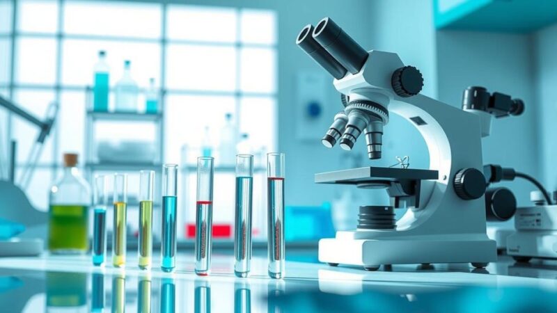Uji baru untuk pasien kanker payudara, visualisasi kimia lab dengan reagen dan mikroskop.