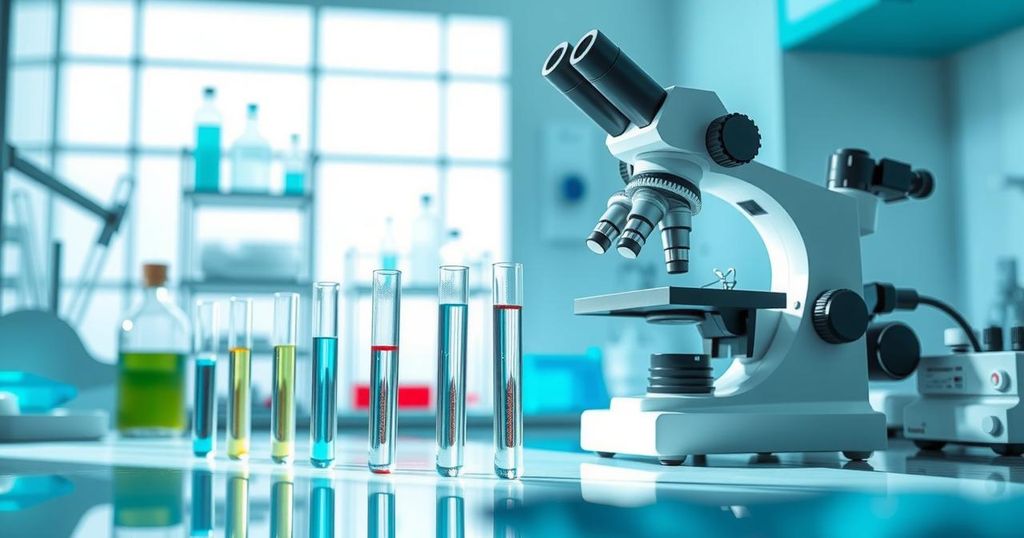 Uji baru untuk pasien kanker payudara, visualisasi kimia lab dengan reagen dan mikroskop.