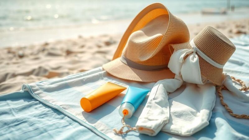 Sun protection essentials with sunblock, clothing, and a beach setting to promote skin safety.