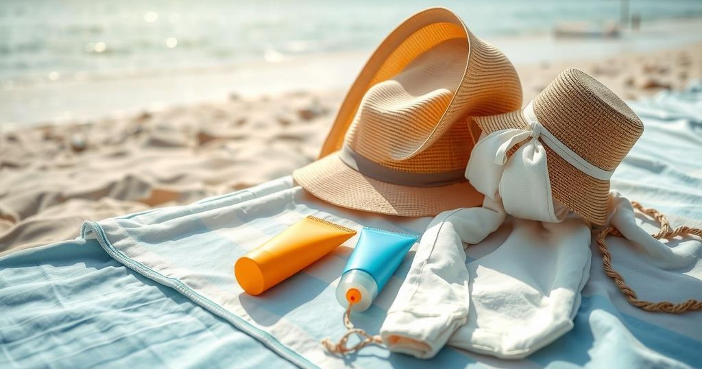 Sun protection essentials with sunblock, clothing, and a beach setting to promote skin safety.