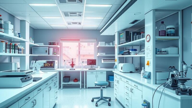 Penelitian inovatif untuk kanker ovarium di lembaga riset dengan latar belakang laboratorium dan alat ilmiah.