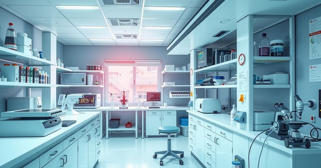 Penelitian inovatif untuk kanker ovarium di lembaga riset dengan latar belakang laboratorium dan alat ilmiah.