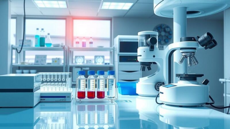 Pemandangan laboratorium penelitian kanker, dengan peralatan canggih dan penelitian di atas meja.
