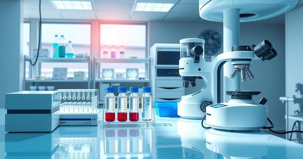 Pemandangan laboratorium penelitian kanker, dengan peralatan canggih dan penelitian di atas meja.