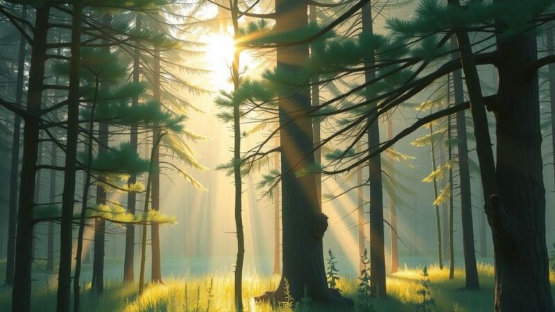 Pine forest with sunlight filtering through trees, evoking a sense of serenity and hope for healing.