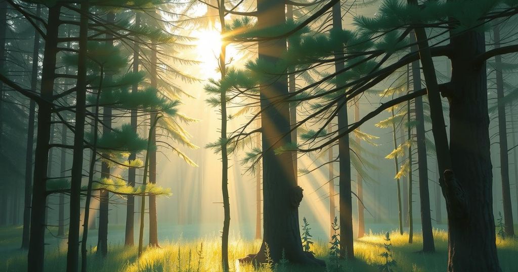 Pine forest with sunlight filtering through trees, evoking a sense of serenity and hope for healing.