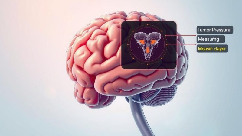 Gambar diagram otak menunjukkan teknik baru untuk mengukur tekanan tumor, dengan latar belakang berwarna tenang.