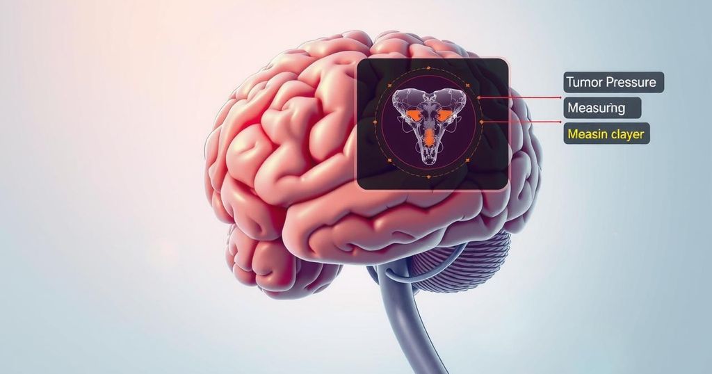 Gambar diagram otak menunjukkan teknik baru untuk mengukur tekanan tumor, dengan latar belakang berwarna tenang.