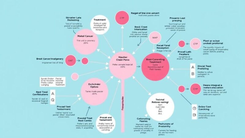 Diagram penelitian kanker payudara dengan latar belakang biru pastel memperlihatkan kemajuan terapi centang.