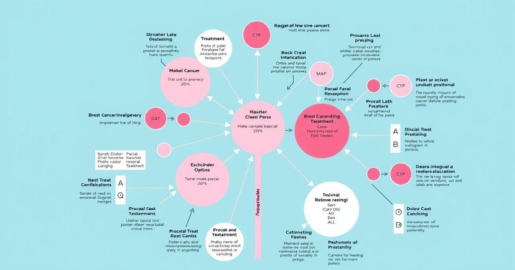 Diagram penelitian kanker payudara dengan latar belakang biru pastel memperlihatkan kemajuan terapi centang.