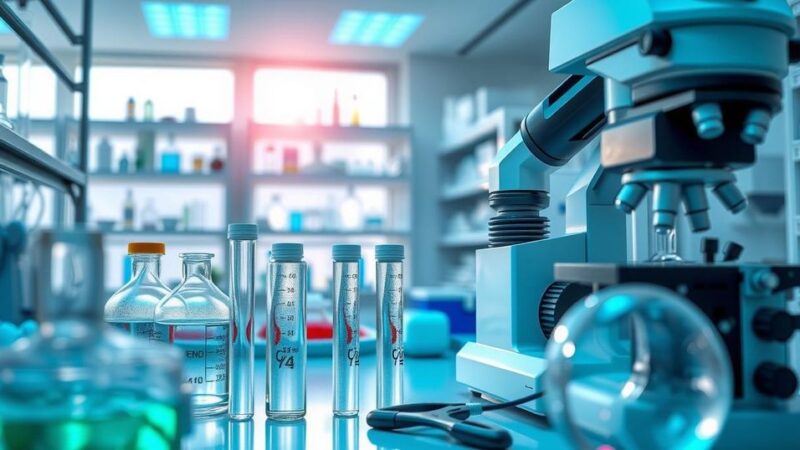 Lingkungan laboratorium penelitian kanker dengan alat canggih dan grafik data.