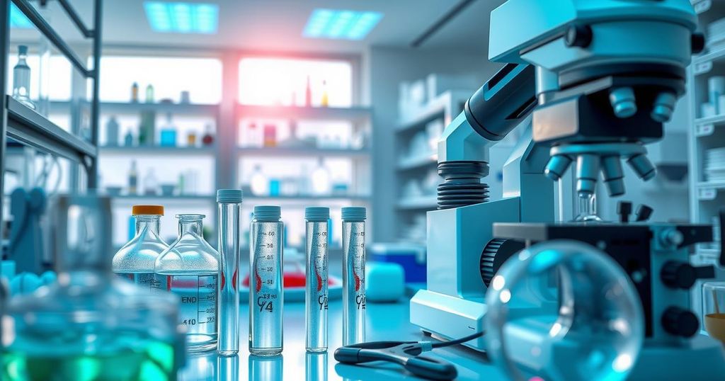 Lingkungan laboratorium penelitian kanker dengan alat canggih dan grafik data.