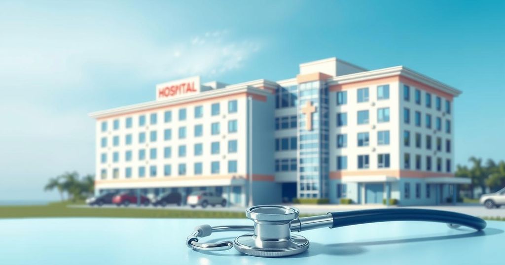 Illustration of a hospital building and a stethoscope, symbolizing healthcare negotiations and patient access.