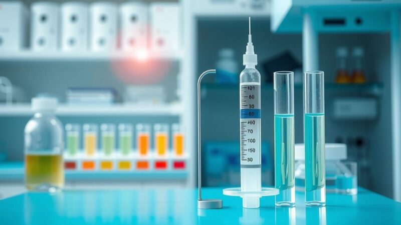 Syringe and test tubes with blood samples in a laboratory setting, featuring a calming blue and green color scheme.