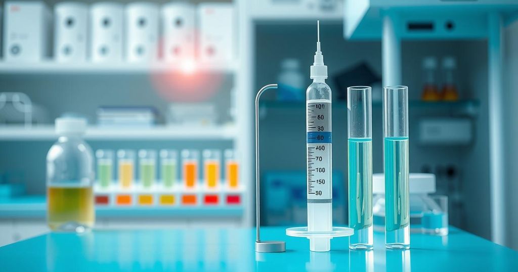 Syringe and test tubes with blood samples in a laboratory setting, featuring a calming blue and green color scheme.