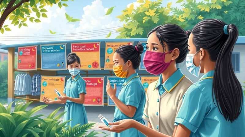 Kegiatan vaksinasi gratis untuk remaja perempuan di sekolah dengan baliho informasi dan suasana ceria.