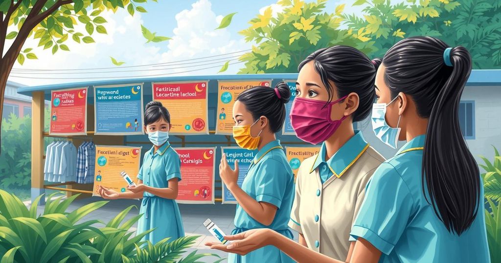 Kegiatan vaksinasi gratis untuk remaja perempuan di sekolah dengan baliho informasi dan suasana ceria.