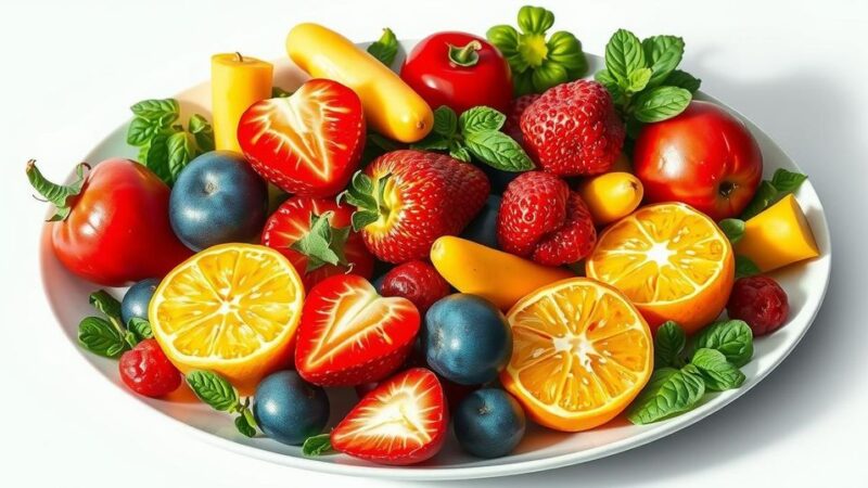 Piring berisi berbagai buah dan sayuran berwarna cerah kaya antioksidan untuk kesehatan dan perlindungan kulit.