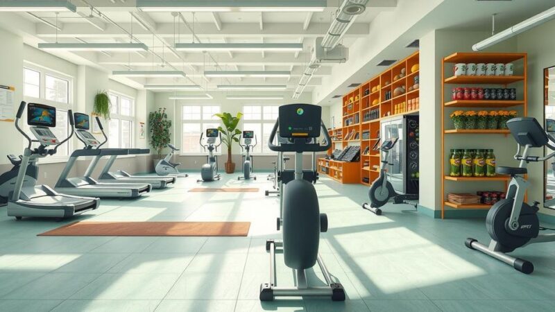 Ruang olahraga yang cerah dengan peralatan fitness dan makanan sehat untuk hidup lebih aktif dan sehat.