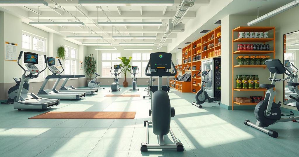 Ruang olahraga yang cerah dengan peralatan fitness dan makanan sehat untuk hidup lebih aktif dan sehat.