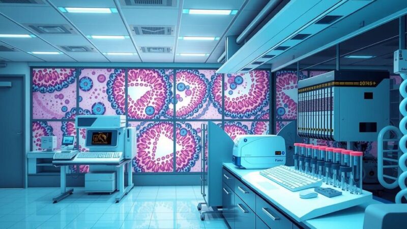 Fasilitas laboratorium canggih dengan peralatan sequencing dan contoh jaringan di latar belakang.