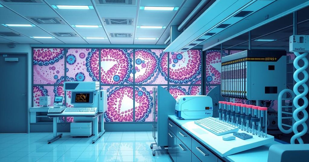 Fasilitas laboratorium canggih dengan peralatan sequencing dan contoh jaringan di latar belakang.