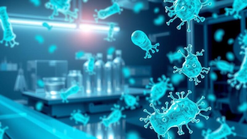 Ilustrasi eksperimen laboratorium dengan sel fibroblas dan kolagen di latar belakang yang menggambarkan kimia kanker.