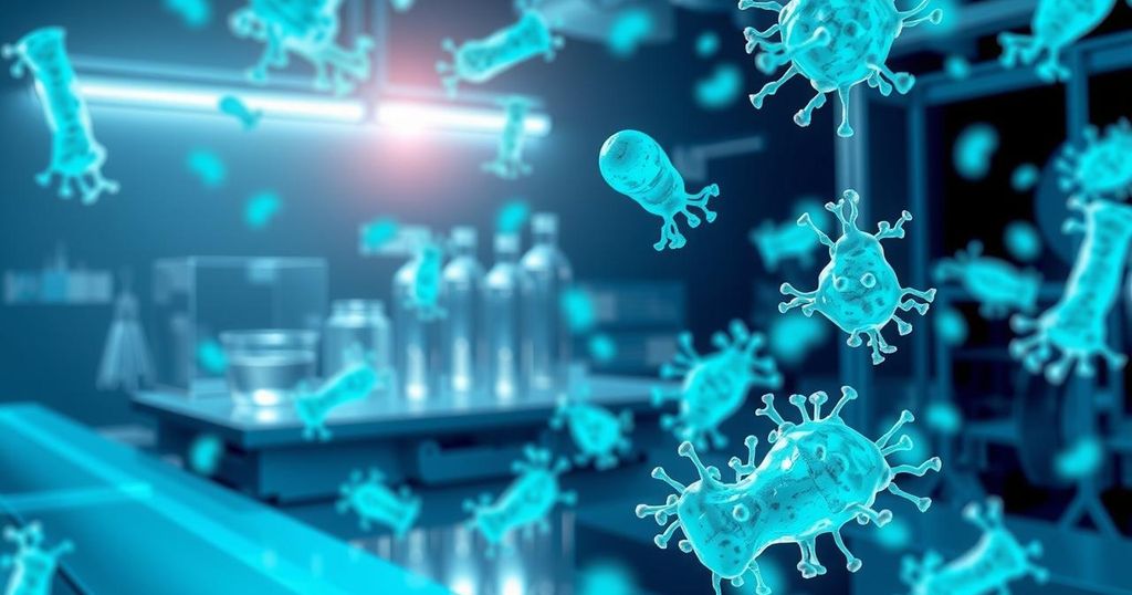 Ilustrasi eksperimen laboratorium dengan sel fibroblas dan kolagen di latar belakang yang menggambarkan kimia kanker.
