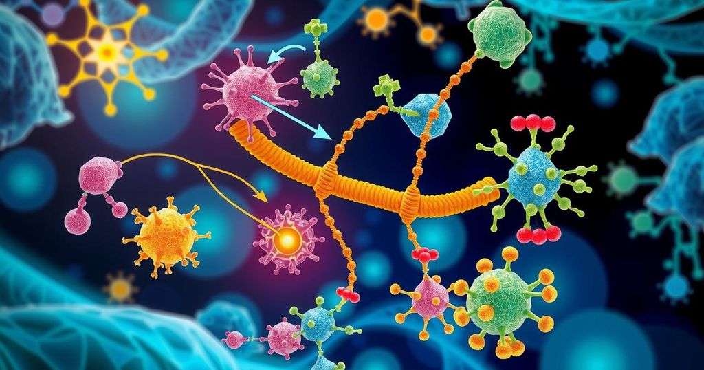Ilustrasi proses biokimia dari protein Hedgehog dengan warna cerah dan gaya ilustrasi ilmiah.