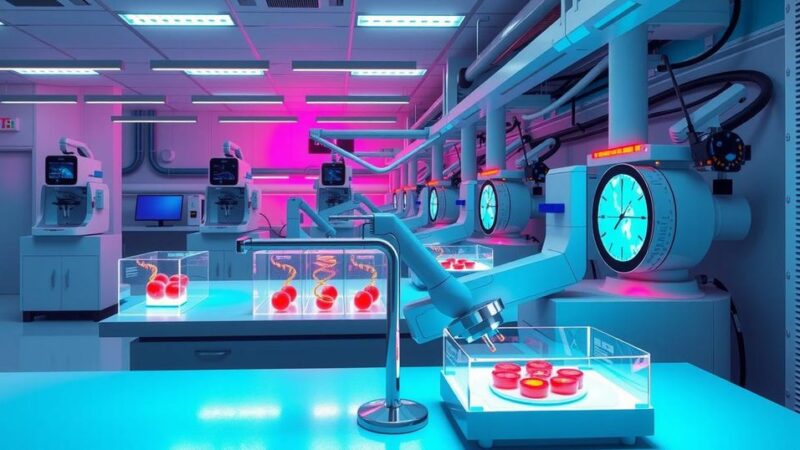 Laboratory setting with DNA sequencing equipment and tumor samples highlighting cancer research advancements.