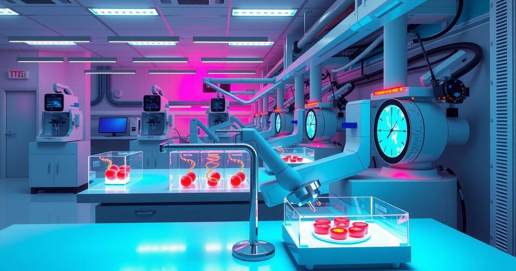 Laboratory setting with DNA sequencing equipment and tumor samples highlighting cancer research advancements.