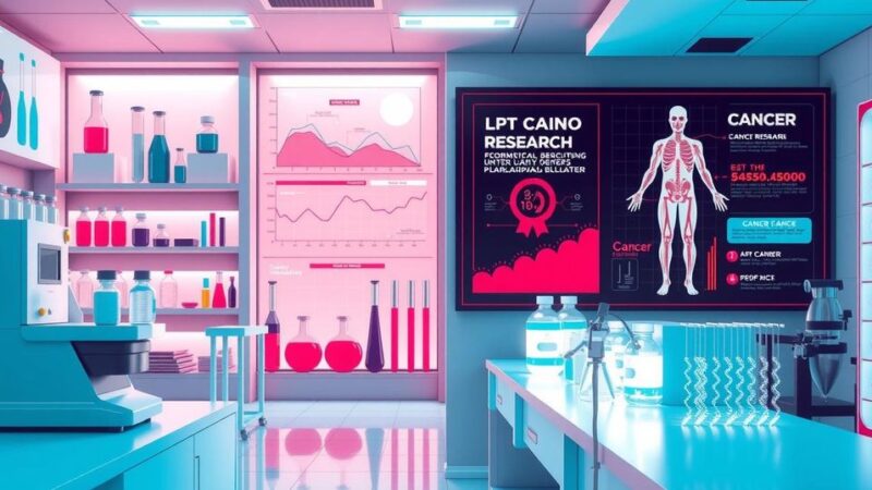 Ilustrasi laboratorium dengan alat ilmiah dan grafik penelitian kanker, nuansa modern dan warna cerah.