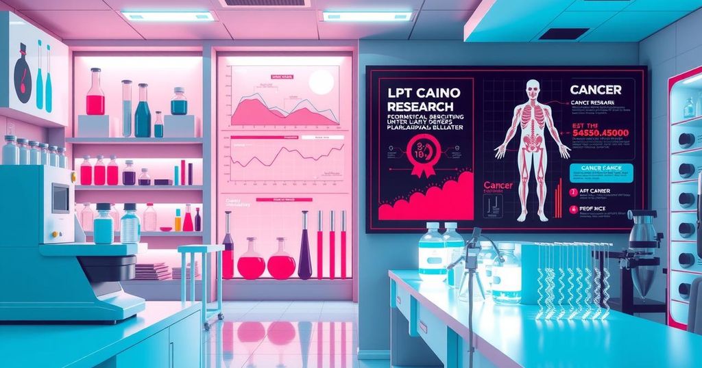 Ilustrasi laboratorium dengan alat ilmiah dan grafik penelitian kanker, nuansa modern dan warna cerah.
