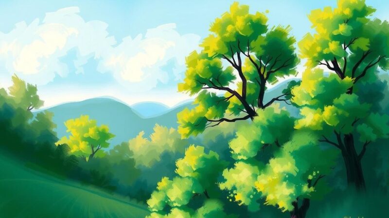 Pemandangan alam dengan pemandangan hutan hijau dan langit biru, menandakan kesehatan dan kehidupan.