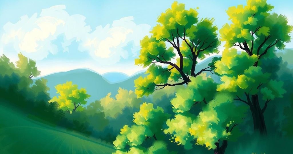 Pemandangan alam dengan pemandangan hutan hijau dan langit biru, menandakan kesehatan dan kehidupan.