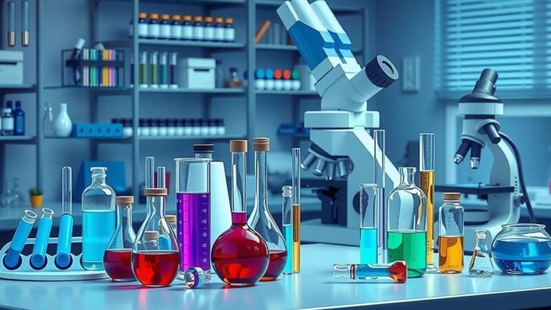 Kolase elemen ilmiah modern dengan grafik, tabung reaksi, dan alat laboratorium dalam nuansa biru.