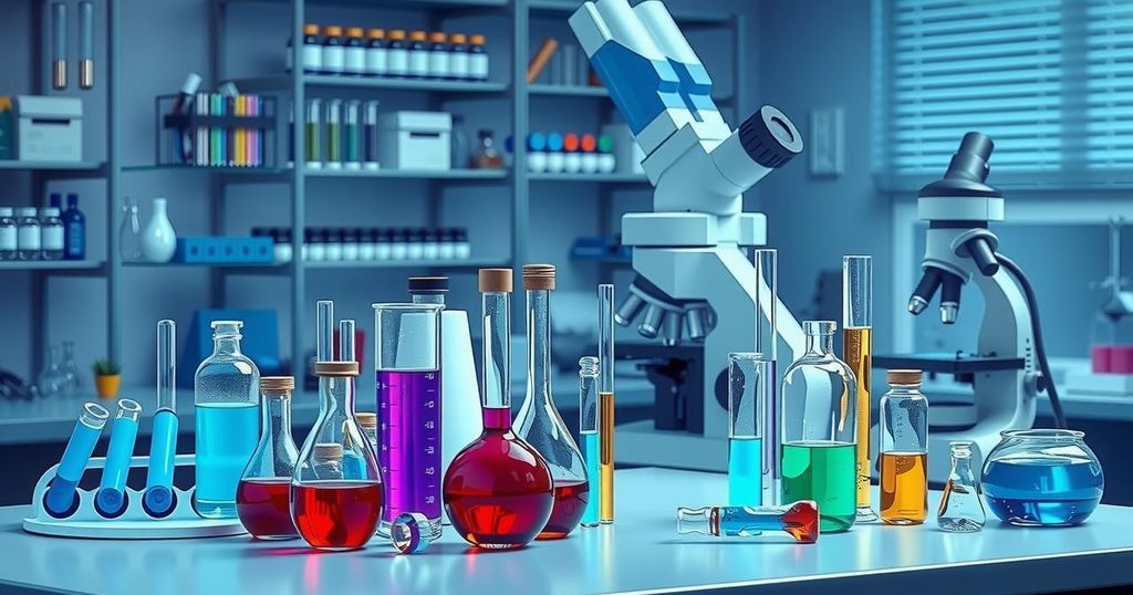 Kolase elemen ilmiah modern dengan grafik, tabung reaksi, dan alat laboratorium dalam nuansa biru.
