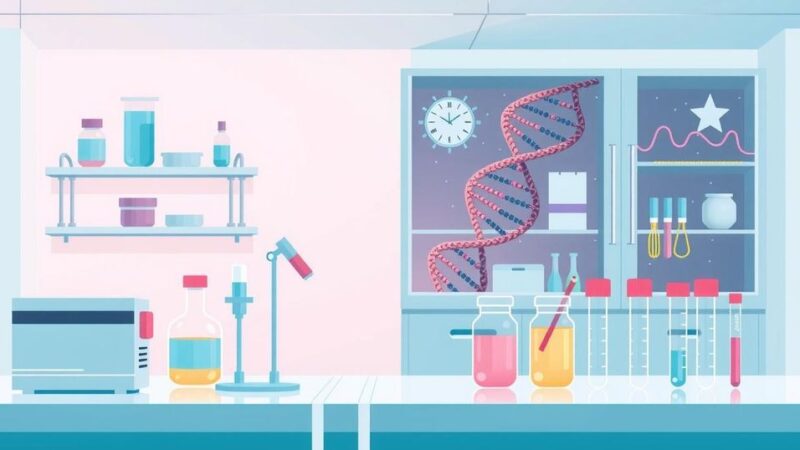Ilustrasi tes genetik untuk pencegahan penyakit, dengan warna pastel lembut.
