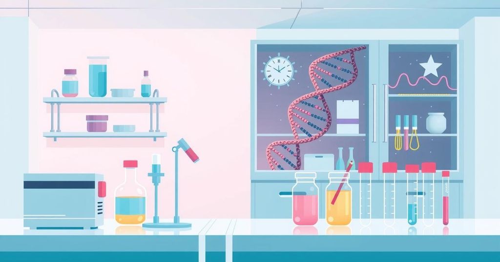 Ilustrasi tes genetik untuk pencegahan penyakit, dengan warna pastel lembut.