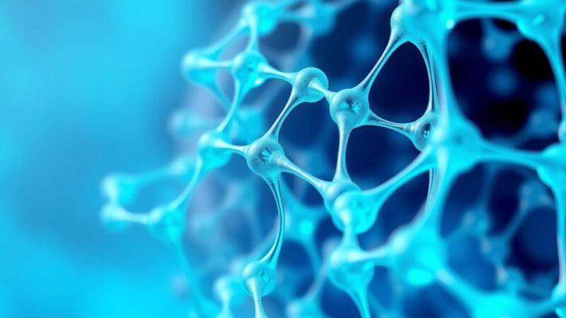 Jaringan hidrogel berwarna biru dan hijau, menggambarkan potensi pengiriman obat kanker yang inovatif dan efisien.