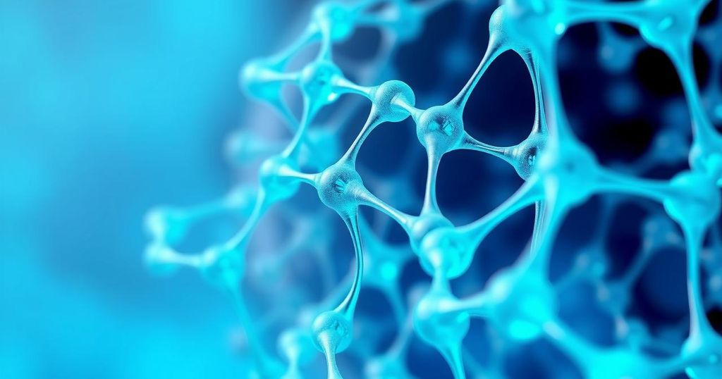 Jaringan hidrogel berwarna biru dan hijau, menggambarkan potensi pengiriman obat kanker yang inovatif dan efisien.