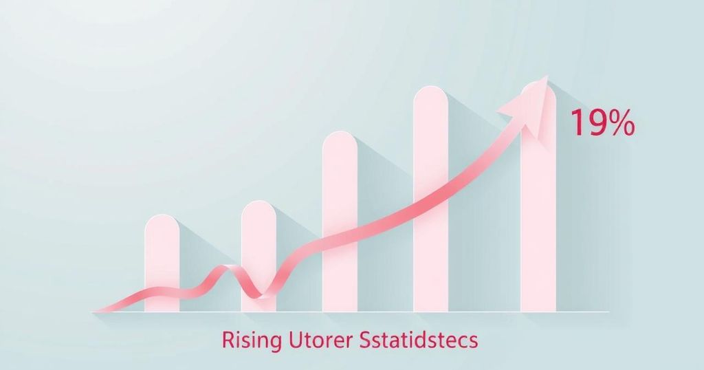 Grafis peningkatan statistik kanker rahim dengan latar belakang warna pastel yang lembut.