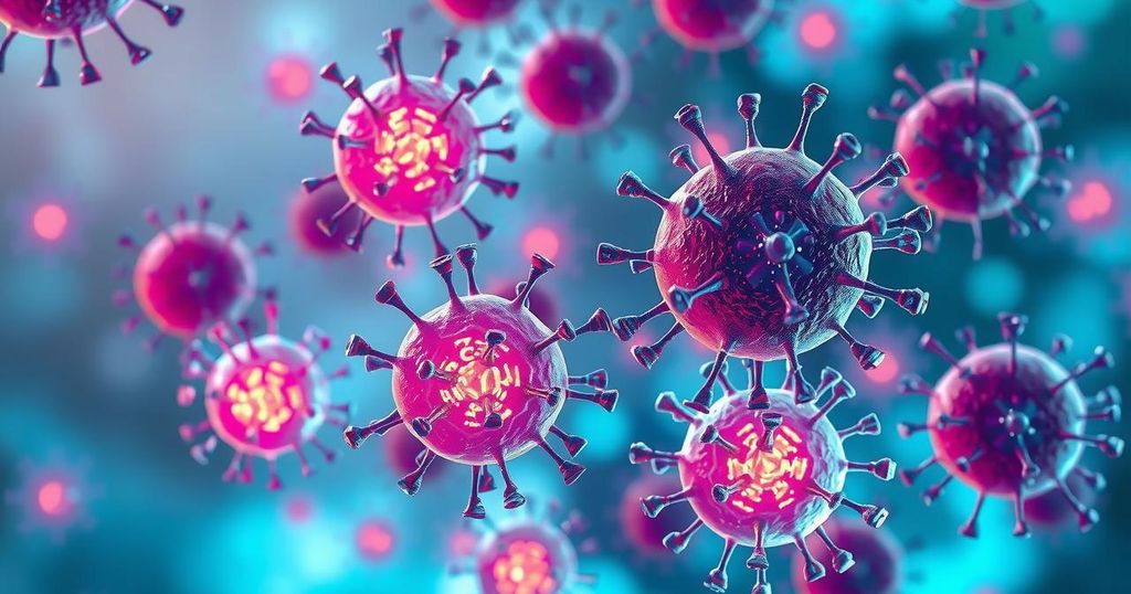 Glistening immune cells represented in vibrant colors, highlighting their interaction with tumors against a soft background.