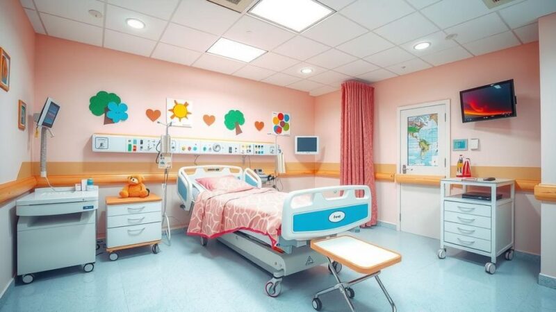Gambar ilustrasi ruangan rumah sakit dengan perlengkapan medis modern dalam suasana cerah untuk anak-anak.