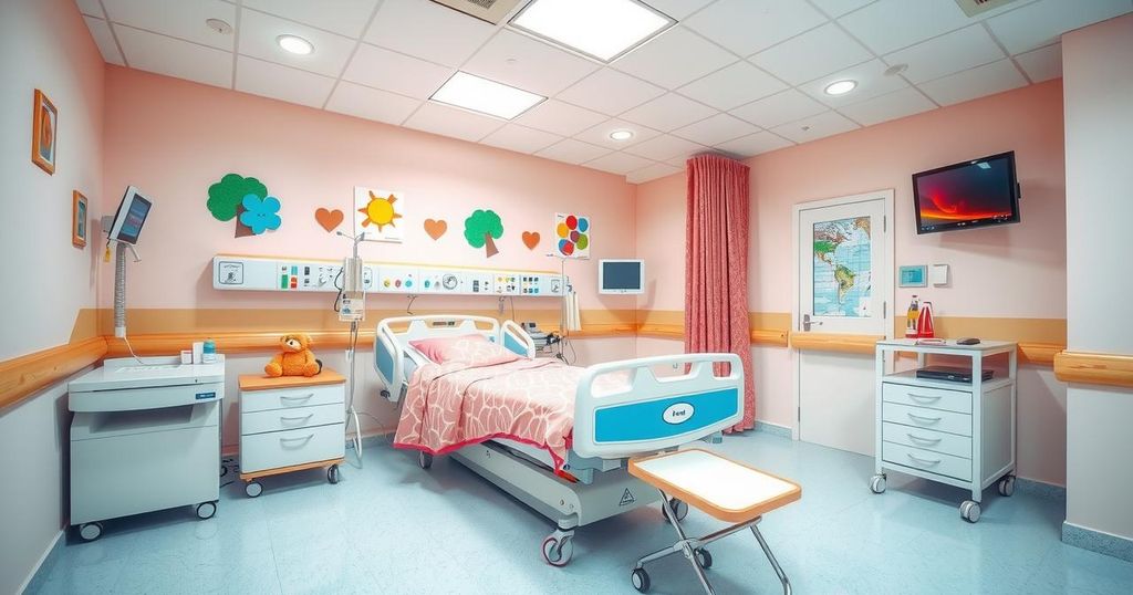 Gambar ilustrasi ruangan rumah sakit dengan perlengkapan medis modern dalam suasana cerah untuk anak-anak.