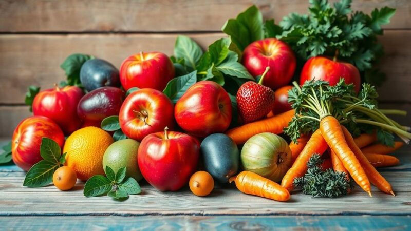 A colorful still life of fruits and vegetables on a rustic wooden table, highlighting healthy eating for cancer survivors.